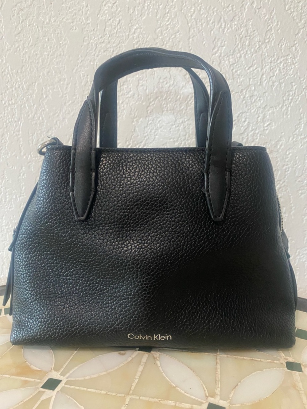 Calvin Klein Black Pebbled Leather Satchel Handbag
